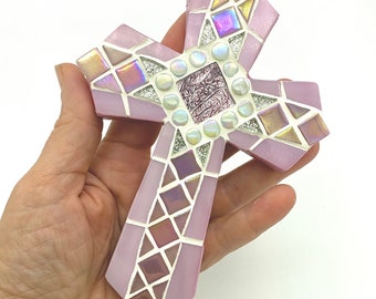 First Communion Gift for Girls, Pink Mosaic Cross, Baptism Gift, Decorative Cross, Baptism Cross Keepsake