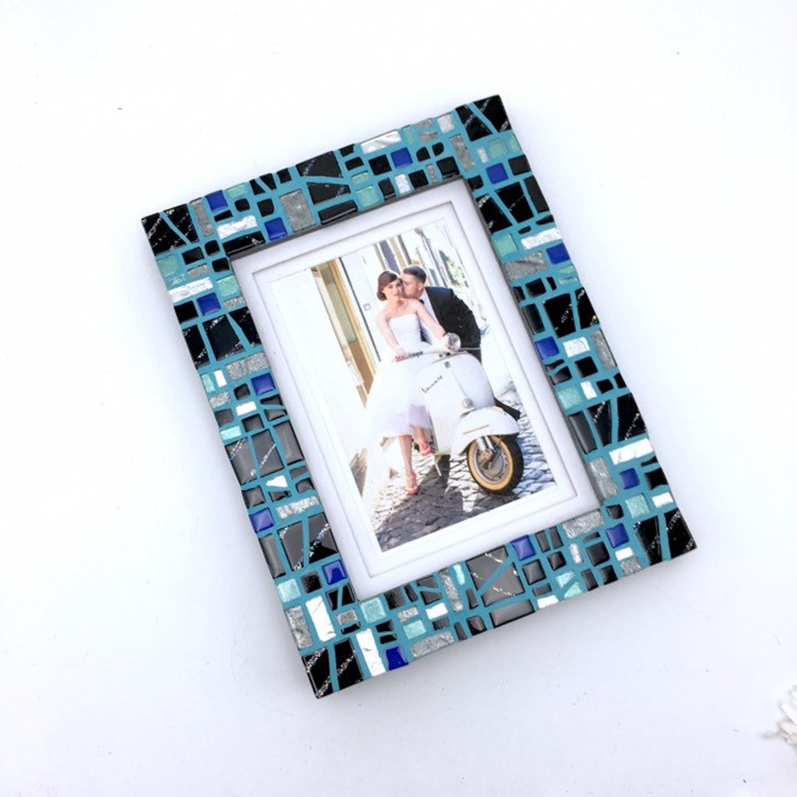 8x10 Photo Frame Unique Mosaic Picture Frame Teal Blue Black Etsy