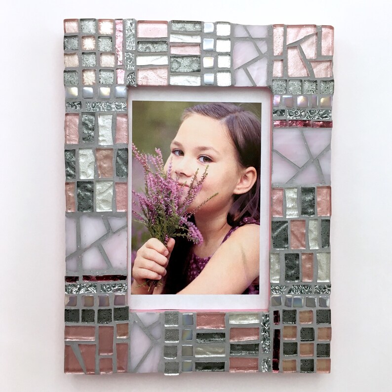 Mosaic Picture Frame for Girls, 4x6 Photo Frame, Pink Gray Silver Photo Frame, Birthday Gift for Her, Teen Room Decor image 4