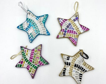 Mosaic Stars, Christmas Tree Ornaments, Sparkly Tree, Glitter Holiday Colors, Red and Green Holiday Decor, Gift Exchange,