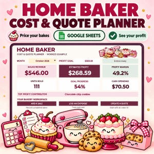 May include: A digital Home Baker Cost & Quote Planner spreadsheet interface featuring a pink theme with cute illustrations of a calculator, cupcake, stand mixer, cake, and cookies. The dashboard displays sales revenue, profit, and margins.