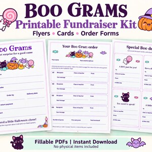 May include: A printable Boo Grams fundraiser kit featuring three pages with Halloween-themed graphics including a pumpkin, black cat, ghost, and bat. The pages contain text fields for order forms, flyers, and delivery cards with purple text.
