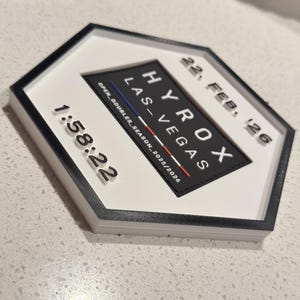 May include: A hexagonal white and black plaque featuring the text HYROX LAS VEGAS, 22, FEB, 26, and 1:58:22. The centre includes a black trapezoid with the text OPEN_DOUBLES_SEASON_2025/2026 and a small horizontal blue, white, and red line graphic.