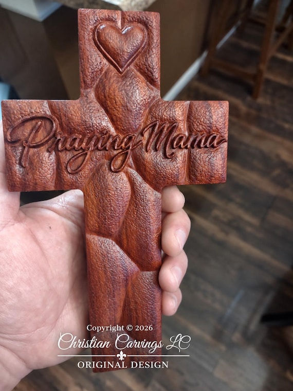 Praying Mama Cross - Exotic Wood African Padauk - Christian Wall Decor - Handmade CNC Carved Cross - Original Design