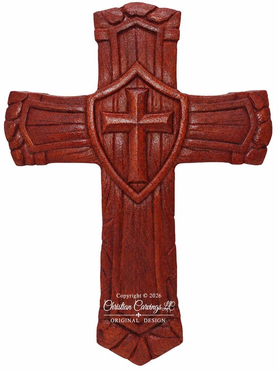 Shield of Faith Cross - Exotic Wood African Padauk - Christian Wall Decor - Handmade CNC Carved Cross - Original Design