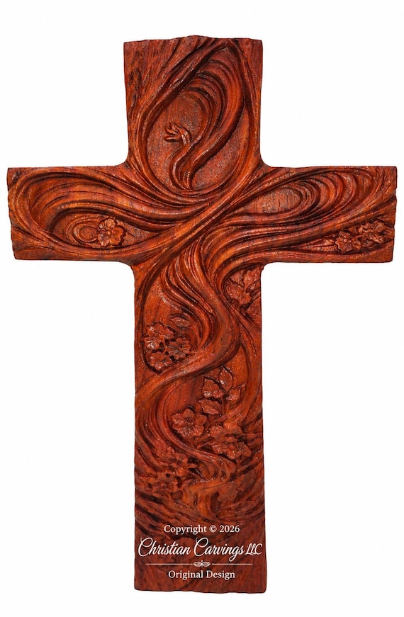 Flowing Waters Cross - Exotic Wood African Padauk - Christian Wall Decor - Handmade CNC Carved Cross - Original Design