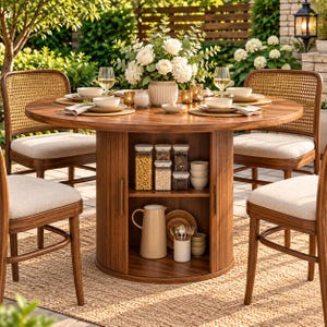 May include: A round wooden dining table with a fluted base featuring open shelving, surrounded by four chairs with cane backrests and beige upholstered seats. The table is set with white plates, wine glasses, and a central vase of white flowers.