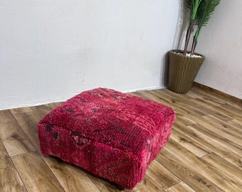 Luxe Marokkaanse wollen poef – vierkante vloerstoel, handgemaakte Berber tapijtpoef, boho-decoratie