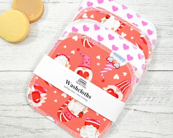 Valentines Washcloths: Hearts and Gnomes Reusable Cotton Wipes, Set of 4
