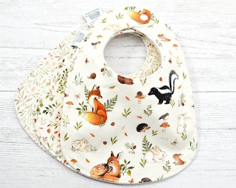 Woodland animals baby bib, baby shower gift, grey bib, gift under 20, newborn baby gift, new parents, drool bib, food bib, deer, skunk, fox