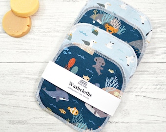 Ocean life Washcloths: Reusable Cotton Face Wipes, Set of 4