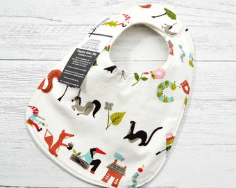 Organic bib, Organic baby bib, Woodland animals, ABC animals, animal alphabet, white, gender neutral, unisex fits 3 mths - 2 yrs plus