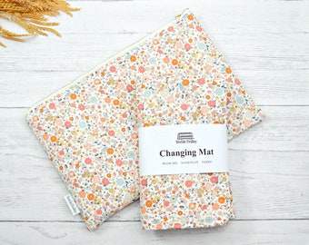 Changing mat, change pad, travel mat, floral change mat in peach, gold, blue, nappy change mat, flowers, diaper clutch bag, baby girl gift