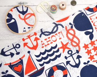 Ahoy Matey, Michael Miller, 1/2 yard cut, quilting cotton by yard, Nautical fabric, whales, anchor, boat, star, waves, flag, fabric on sale