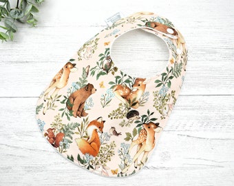 Woodland animals baby bib, baby shower gift, pink bib, gift under 20, newborn baby gift, new parents, drool bib, food bib, deer, skunk, fox