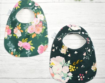 Baby Bibs, Flower Bibs, floral bibs, modern flowers, dark floral bibs, feeding bib, spring bib, garden party bib, cotton bib, gifts under 30