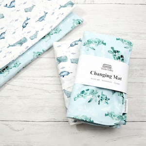 Changing mat, changing pad, travel changing mat, diaper changing, nautical travel mat, waterproof changing mat, sea turtle, whales, narwhals image 1