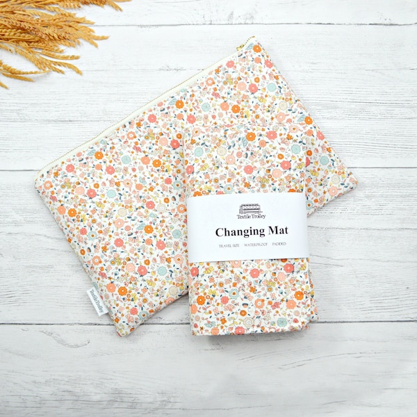 Changing mat, change pad, travel mat, floral change mat in peach, gold, blue, nappy change mat, flowers, diaper clutch bag, baby girl gift