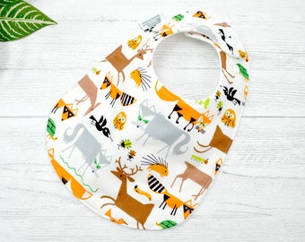 Organic Baby Bib, woodland animal bib, organic woodland bib, fox, wolf, frog, deer, birds, turtle, Drool bib, feeding bib, baby shower gift