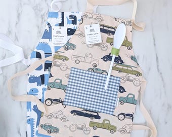Kids Cotton Canvas Apron: Dinosaur or Vehicle Print, Includes Spoon