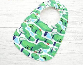 Golf Print Baby Bib: Organic Cotton Fleece, Handmade Shower Gift