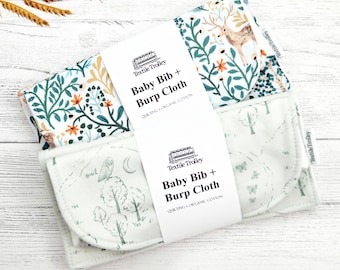 Woodland Animal Baby Bib and Burp Cloth Set: Quilting and Organic Cotton