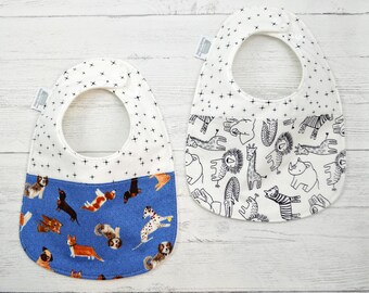 Baby Bib, Dogs and Jungle Animals, Organic Cotton Fleece Backing, 3-24 Months