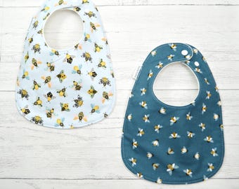 Bees Baby Bib: Handmade, Organic Cotton Fleece, fits 3 months to 2 years