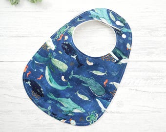 Whales Baby Bib, under the sea, triple layered, fits 3 months to 2 yrs