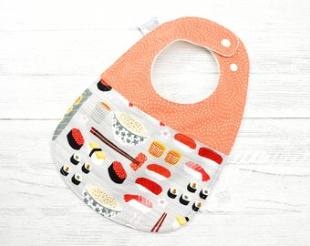 Sushi Print Baby Bib, Japanese Food Lover, Absorbent Cotton, Adjustable Snaps