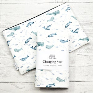 Changing mat, changing pad, travel changing mat, diaper changing, nautical travel mat, waterproof changing mat, sea turtle, whales, narwhals image 3