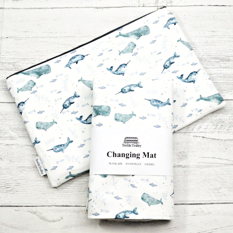 Changing mat, changing pad, travel changing mat, diaper changing, nautical travel mat, waterproof changing mat, sea turtle, whales, narwhals image 3