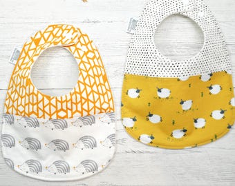 Hedgehogs and sheep Baby Bib, Organic Cotton Fleece Backing, 3-24 Months