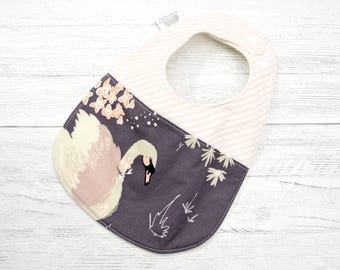 Baby Bib featuring a beautiful swan and pink and white stripes, Fits 3 to 2 Years