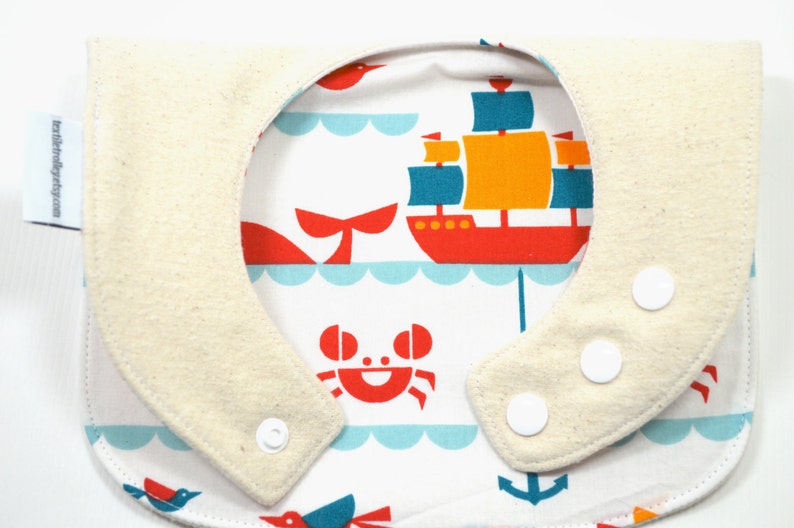 Organic baby bib, Baby Bib, Organic cotton fleece, GOTS, sailing, Nautical baby, whales, boats, crabs, fish, fits 3 months to 2 years plus image 6