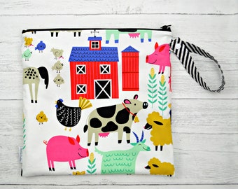 Farm animals Wet bag, cloth diaper bag, large waterproof bag, Toiletry bag, wash bag, zippered pouch, shoe bag, travel bag, reusable bag