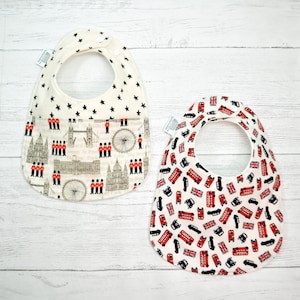 Baby Bib, British, Baby, Bib, London, London bib, union jack, U.K. England, taxi, bus, gender neutral, triple layered, 3 mths to 2 yrs+ OOAK