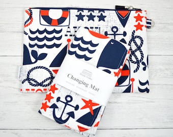 Changing mat and clutch, nautical changing pad, travel changing mat, on the go diaper change kit, whales, sailboat, diaper clutch bag, sea