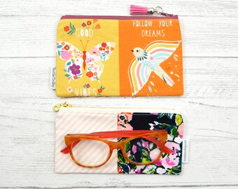 Make up bag, cosmetic bags, zippered pouch, coin purse, patchwork bag, , cotton pouch, floral and stripe bag, butterfly, dove, love, hope