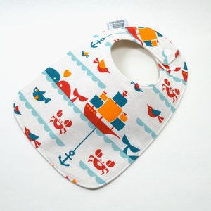 Organic baby bib, Baby Bib, Organic cotton fleece, GOTS, sailing, Nautical baby, whales, boats, crabs, fish, fits 3 months to 2 years plus image 2