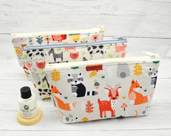 Kids Toiletry bag, kids wash bags, toothbrush case, zippered pouch, woodland animals, farm animals, bear, fox, deer, racoon, waterproof bag