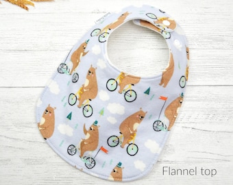 Bears on bikes Baby Bib: Organic Cotton Fleece, Gender Neutral Animal Print
