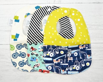 Vehicles Baby Bib, 3 layers, Quilting cotton, flannel and Organic Cotton Fleece Backing, 3-24 Months