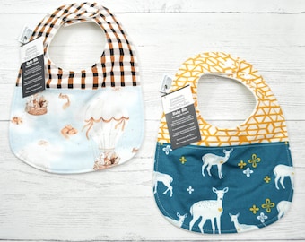 Woodland Animals in hot air balloons Cotton Baby Bib, Adjustable Snaps