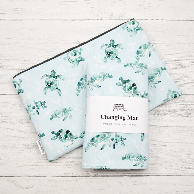 Changing mat, changing pad, travel changing mat, diaper changing, nautical travel mat, waterproof changing mat, sea turtle, whales, narwhals image 2