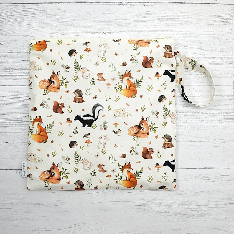 Wet bag, cloth diaper bag, large waterproof bag, Toiletry bag, wash bag, zippered pouch, shoe bag, travel bag, gym bag, woodland animals Woodland on ivory