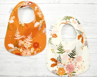 Floral Baby Bib: Organic Cotton Fleece Backing, Adjustable Snaps