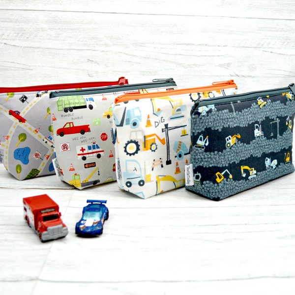 Kids Toiletry bag, kids wash bag, zipper pouch, waterproof bags, vehicle bag, toy cars, play road map, constructions vehicles bag, boys