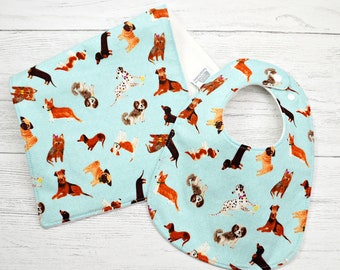 baby bib, burp cloth, gift set, triple layered cotton, baby shower, gender neutral gift, new baby, newborn, feeding bib, dog, dog lover gift