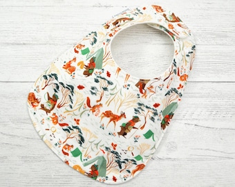 Woodland Animals Baby Bib: Organic Cotton Fleece, Fox Rabbit Print